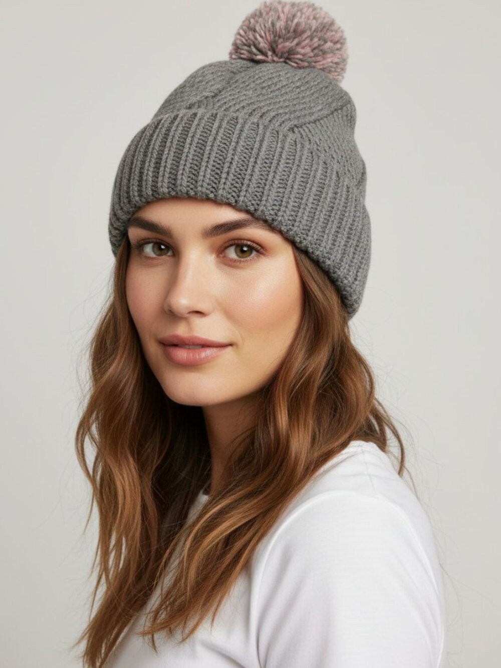 Super Warm Rachel Zoe Gray Knit Fleece-Lined Beanie Winter Hat with Pom
